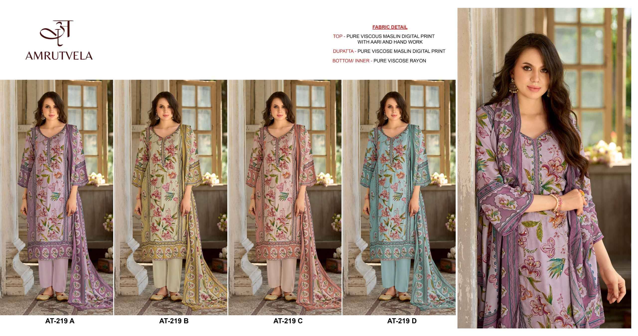 AT219 By AMRUTVELA  Pakistani Stylish Beautiful Colourful Printed & Embroidered Party Wear & Occasional Wear Pure viscous Maslin Dresses At Wholesale Price